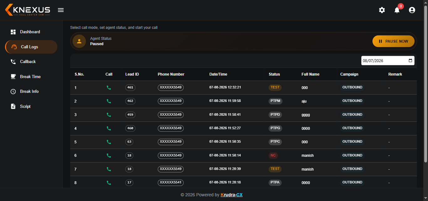 KRUDRA-CX Call Logs Agent Panel screen